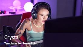  Presentation with computer room - Presentation design featuring young-blonde-woman-streamer-playing background and a wine colored foreground