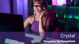  Presentation with computer-room - PPT layouts featuring young-blonde-woman-streamer-playing background and a violet colored foreground