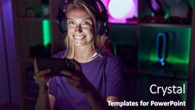  Presentation with streamer - Presentation consisting of young-blonde-woman-streamer-smiling background and a wine colored foreground