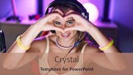  Presentation with hands heart - Presentation theme having young-blonde-woman-streamer-smiling background and a  colored foreground