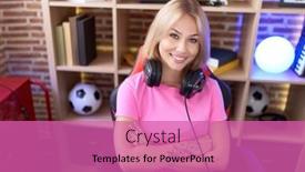  Presentation with streamer - Presentation design enhanced with young-blonde-woman-streamer-smiling background and a coral colored foreground