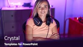  Presentation with gaming - Theme with young-blonde-woman-streamer-smiling background and a wine colored foreground