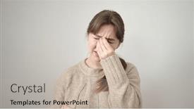  Presentation with stressed - PPT theme featuring young-blonde-woman-stressed-standing background and a mint green colored foreground