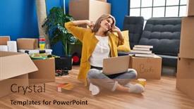  Presentation with new home - PPT layouts enhanced with young-blonde-woman-stretching-arms background and a coral colored foreground