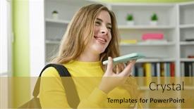  Presentation with voice - Slides having young-blonde-woman-student-holding background and a  colored foreground