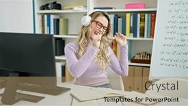  Presentation with music singing - Presentation theme having young-blonde-woman-student-listening background and a coral colored foreground