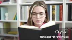  Presentation with reading table - Presentation design consisting of young-blonde-woman-student-reading background and a dark gray colored foreground
