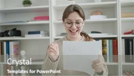  Presentation with university library - Theme having young-blonde-woman-student-reading background and a gray colored foreground