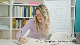  Presentation with student writing - Presentation design consisting of young-blonde-woman-student-smiling background and a mint green colored foreground