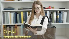  Presentation with student - Presentation theme having young-blonde-woman-student-standing background and a violet colored foreground