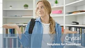  Presentation with university library - Slide set featuring young-blonde-woman-student-standing background and a teal colored foreground