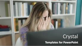  Presentation with university library - PPT theme enhanced with young-blonde-woman-student-stressed background and a dark gray colored foreground