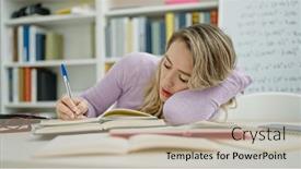  Presentation with writing notes - Theme with young-blonde-woman-student-tired background and a mint green colored foreground