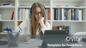  Presentation with student writing - PPT theme with young-blonde-woman-student-using background and a dark gray colored foreground