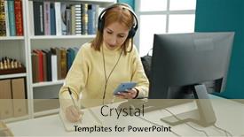  Presentation with student writing - PPT theme featuring young-blonde-woman-student-using background and a coral colored foreground