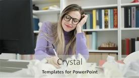  Presentation with student writing - Presentation design having young-blonde-woman-student-using background and a soft green colored foreground