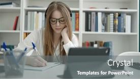  Presentation with student writing - Slide set enhanced with young-blonde-woman-student-using background and a gray colored foreground