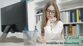  Presentation with student writing - Theme having young-blonde-woman-student-using background and a mint green colored foreground