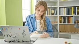  Presentation with writing notes - Slide deck having young-blonde-woman-student-using background and a light gray colored foreground