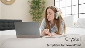  Presentation with student-writing - PPT layouts enhanced with young-blonde-woman-student-writing and a coral colored foreground