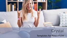  Presentation with computer music - Slide set consisting of young-blonde-woman-studying-using background and a light blue colored foreground