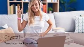  Presentation with victory - Slide set with young-blonde-woman-studying-using background and a coral colored foreground