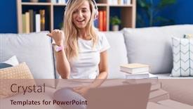  Presentation with computer - PPT theme having young-blonde-woman-studying-using background and a coral colored foreground