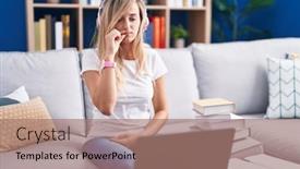  Presentation with lips mouth - Slides having young-blonde-woman-studying-using background and a coral colored foreground