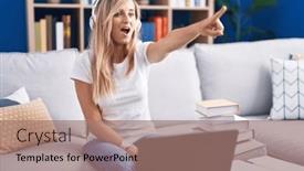  Presentation with mouth - PPT theme featuring young-blonde-woman-studying-using background and a  colored foreground