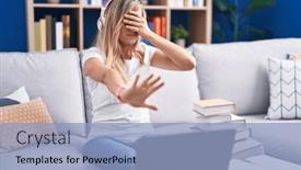  Presentation with woman sad - Presentation theme consisting of young-blonde-woman-studying-using background and a  colored foreground