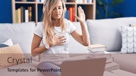  Presentation with hand palm - Theme with young-blonde-woman-studying-using background and a  colored foreground