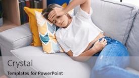  Presentation with head ache - Slides consisting of young-blonde-woman-suffering background and a light gray colored foreground