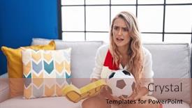  Presentation with supporting - Presentation design having young-blonde-woman-supporting-soccer background and a  colored foreground