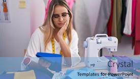  Presentation with clothing - Presentation theme with young-blonde-woman-tailor-holding background and a  colored foreground