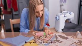  Presentation with thread - Slide deck with young-blonde-woman-tailor-holding background and a coral colored foreground