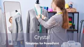  Presentation with measuring - Presentation with young-blonde-woman-tailor-measuring background and a gray colored foreground