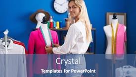  Presentation with measuring - Slide deck enhanced with young-blonde-woman-tailor-smiling background and a ocean colored foreground