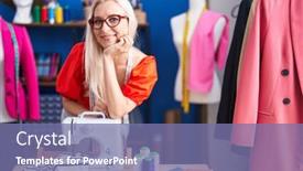  Presentation with sewing machine - Slides consisting of young-blonde-woman-tailor-smiling background and a violet colored foreground