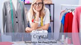  Presentation with machine shop - Presentation theme enhanced with young-blonde-woman-tailor-smiling background and a light blue colored foreground