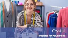  Presentation with machine shop - PPT theme featuring young-blonde-woman-tailor-smiling background and a ocean colored foreground