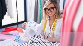  Presentation with machine shop - Slide set featuring young-blonde-woman-tailor-smiling background and a light blue colored foreground