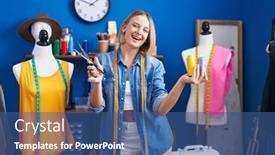  Presentation with thread - Slide set enhanced with young-blonde-woman-tailor-smiling background and a ocean colored foreground