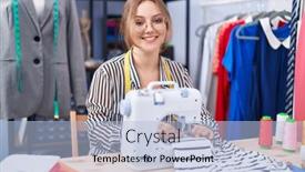  Presentation with machine shop - Slide set having young-blonde-woman-tailor-smiling background and a light blue colored foreground