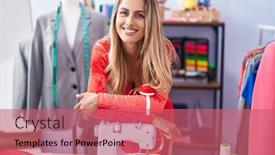  Presentation with machine shop - Theme featuring young-blonde-woman-tailor-smiling background and a coral colored foreground