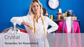  Presentation with clothes shop - PPT layouts enhanced with young-blonde-woman-tailor-smiling background and a light gray colored foreground