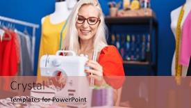  Presentation with sewing machine - Presentation design having young-blonde-woman-tailor-smiling background and a coral colored foreground