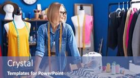  Presentation with sewing - PPT theme featuring young-blonde-woman-tailor-smiling background and a ocean colored foreground