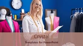  Presentation with sewing - Slides having young-blonde-woman-tailor-smiling background and a coral colored foreground