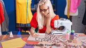  Presentation with sewing - Theme having young-blonde-woman-tailor-smiling background and a coral colored foreground