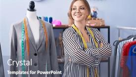  Presentation with confident - PPT theme with young-blonde-woman-tailor-smiling background and a gray colored foreground